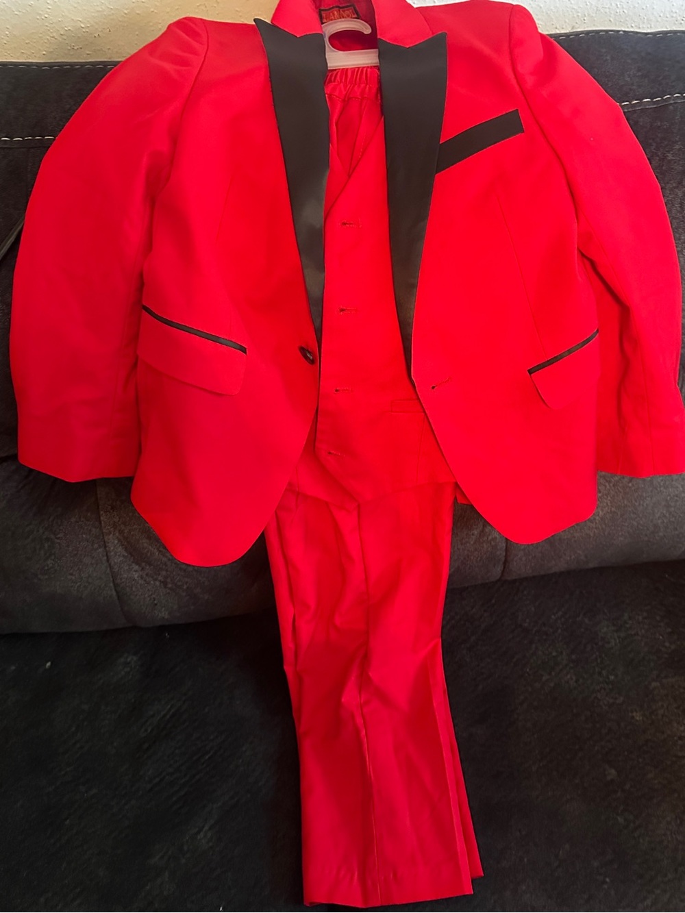 Big Kids Bright Red Tuxedo Blazer & Pants with Black Satin Trim